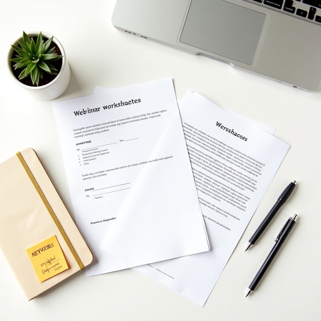 Webinar-Materialien und Arbeitsblätter auf einem Schreibtisch