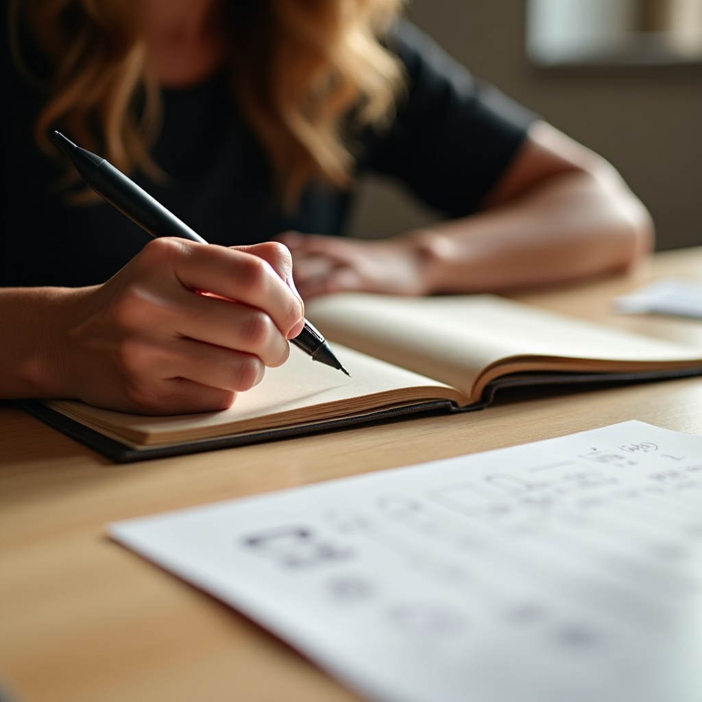 Person schreibt Werte und Reflexionen in ein Notizbuch